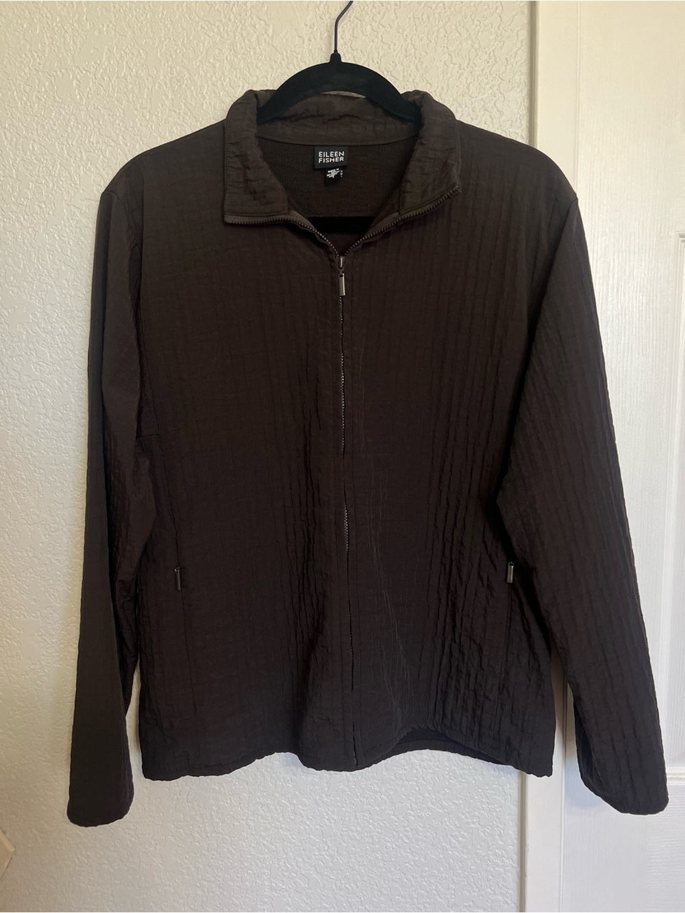 Eileen Fisher Brown Crinkle Textured Full Zip Jacket Minimalist Lightweight